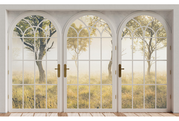 Фотообои «Окно в туманном осеннем лесу»