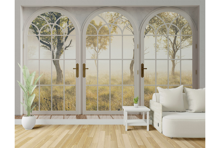 Фотообои «Окно в туманном осеннем лесу» в интерьере