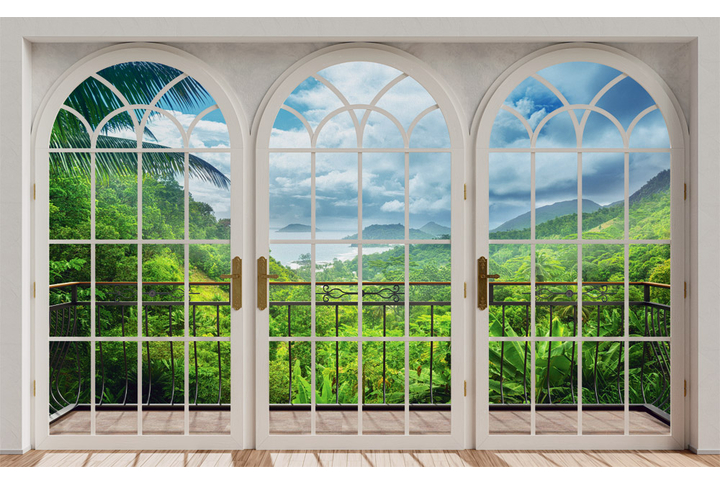 Фотообои «Окно на балконе в джунглях»