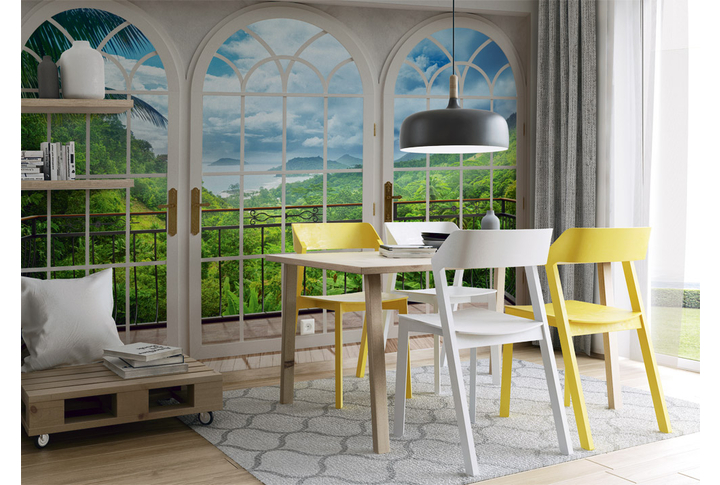 Фотообои «Окно на балконе в джунглях» в интерьере