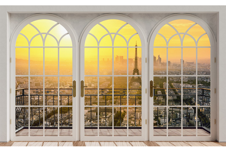 Фотообои «Арочное окно с видом на Париж в закате»