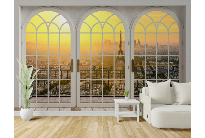 Фотообои «Арочное окно с видом на Париж в закате» в интерьере