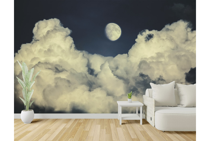 Фотообои «Бежевые облака и Луна в ночном небе» в интерьере