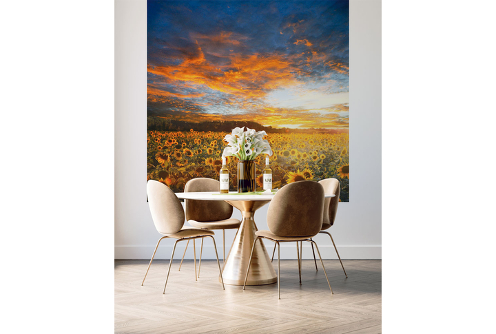 Фотообои «Подсолнухи в поле на закате» в интерьере