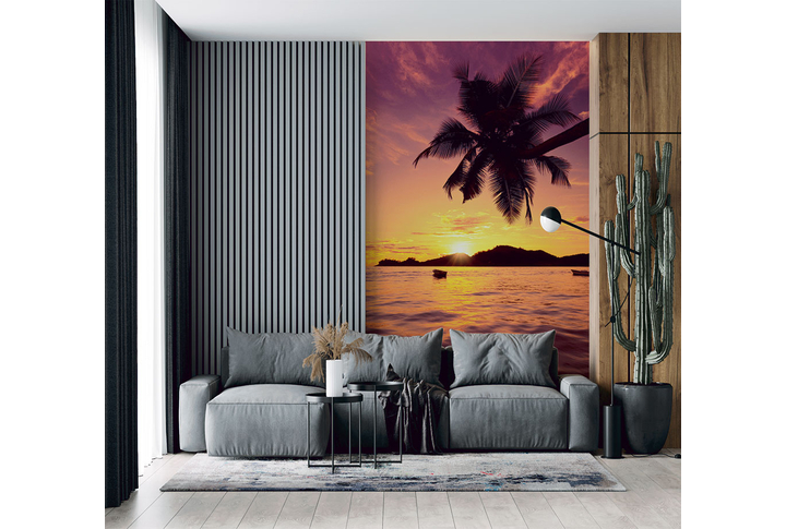 Фотообои «Пальма и тропический закат на море» в интерьере