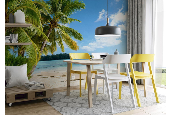 Фотообои «Морской пляж с пальмами и лодочкой» в интерьере