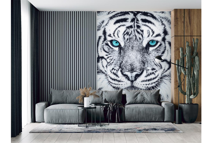 Фотообои «Черно-белый тигр с яркими глазами» в интерьере
