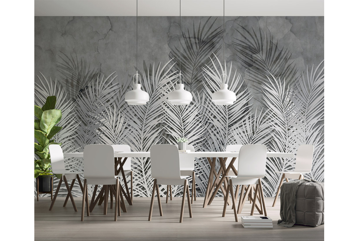 Фотообои «Серые пальмовые листья на бетонной стене» в интерьере
