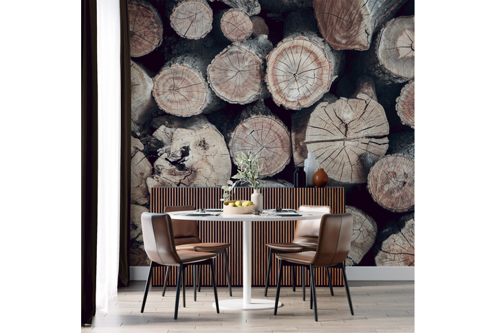 Фотообои «Деревянная кладка из бревен в разрезе» в интерьере