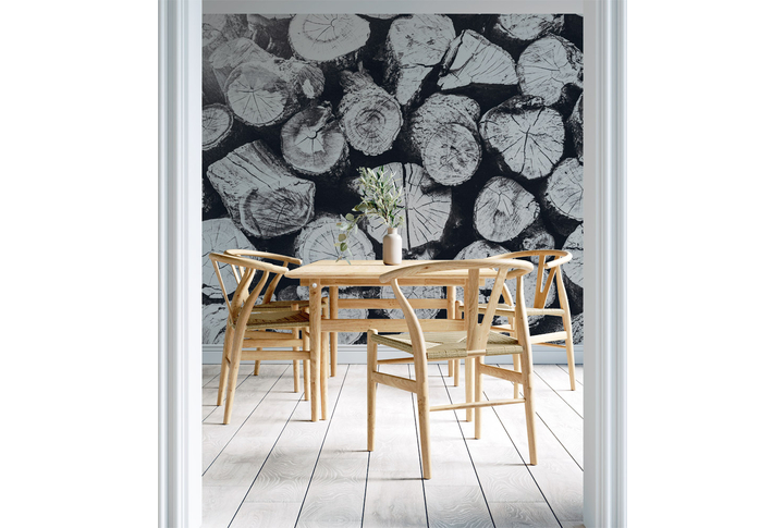 Фотообои «Бревна в черно-белых тонах» в интерьере