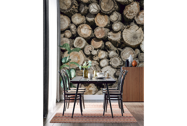 Фотообои «Старые бревна поленницей» в интерьере