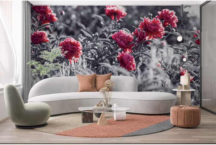 Фотообои «Пионы в черно-белом стиле» в интерьере