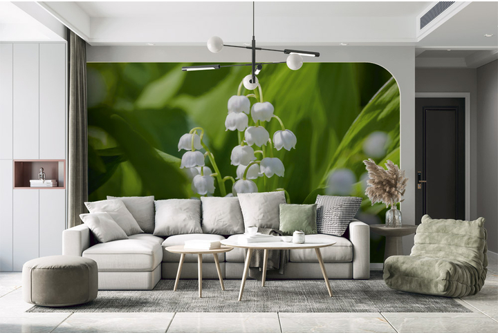 Фотообои «Лесные ландыши в листве» в интерьере