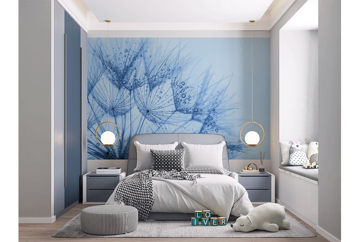 Фотообои «Зонтики одуванчика в каплях росы» в интерьере