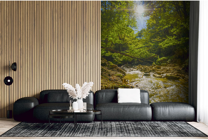 Фотообои «Утро в лесу и чистая речка» в интерьере