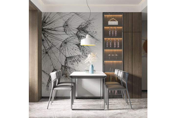 Фотообои «Черные одуванчики в каплях дождя» в интерьере