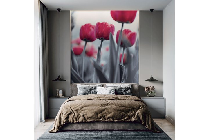 Фотообои «Розовые тюльпаны в черно-белом» в интерьере