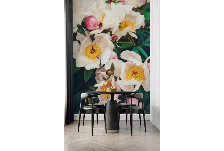 Фотообои «Белые пионы» в интерьере