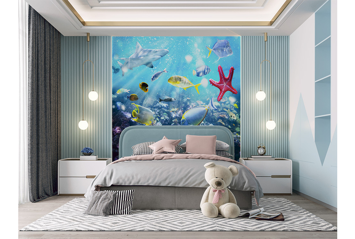 Фотообои «Обитатели подводного мира, рыбки, акулы» в интерьере