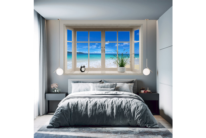 Фотообои «Вид из окна на море и морской берег» в интерьере