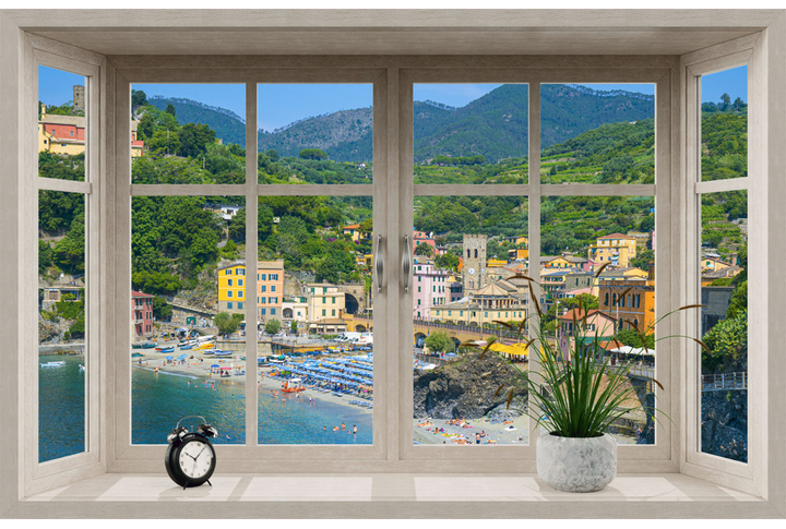 Фотообои «Окно с видом на южный город и морское побережье»
