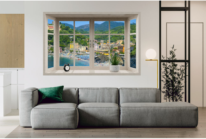 Фотообои «Окно с видом на южный город и морское побережье» в интерьере