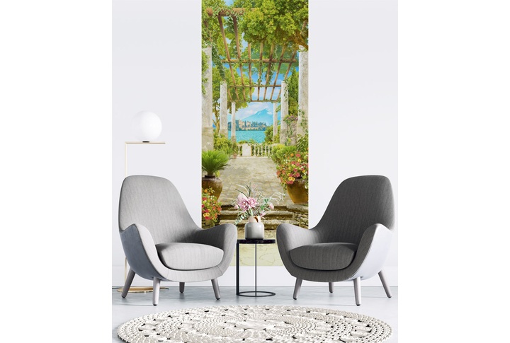 Фотообои «Зеленая терраса с колоннами и арками у моря» в интерьере