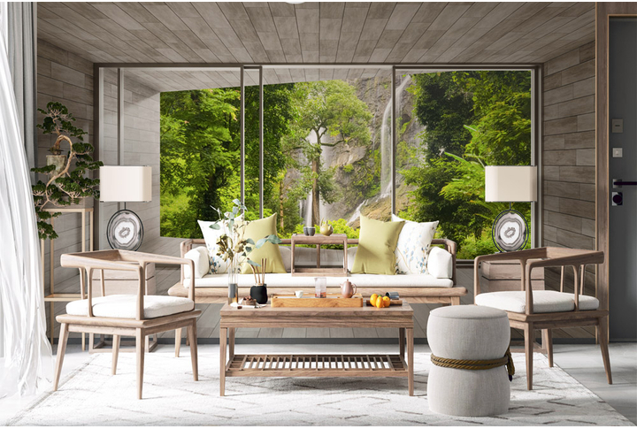 Фотообои «Окно на террасе с видом на джунгли» в интерьере