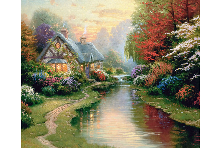 Фотообои «Сказочный осенний лес с домиком у речки»