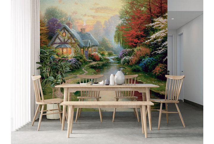 Фотообои «Сказочный осенний лес с домиком у речки» в интерьере