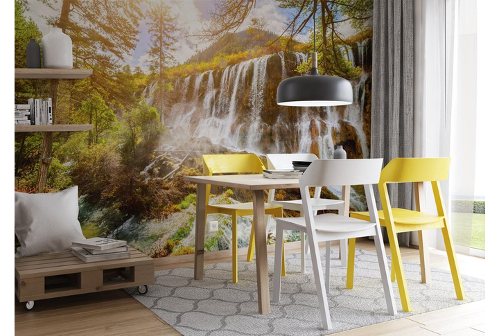 Фотообои «Водопад в окружении осеннего леса» в интерьере