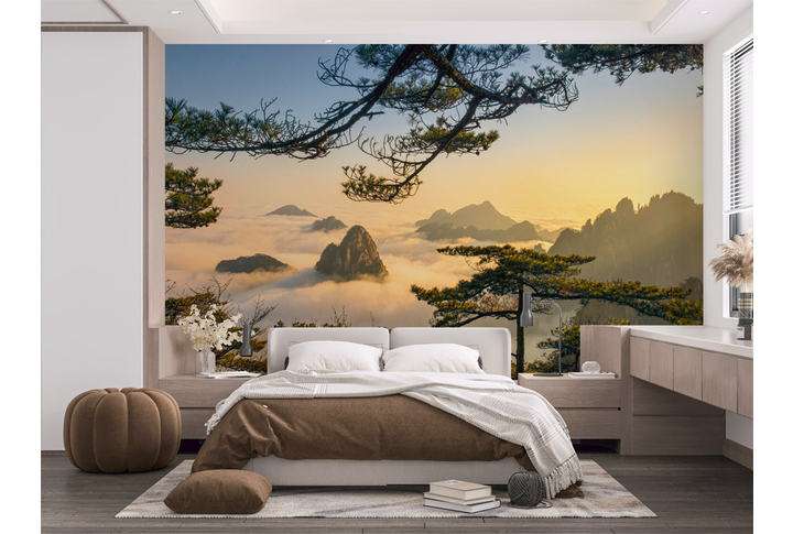 Фотообои «Китайские горы в тумане на закате» в интерьере