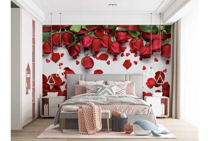 Фотообои «Красные розы с падающими лепестками» в интерьере