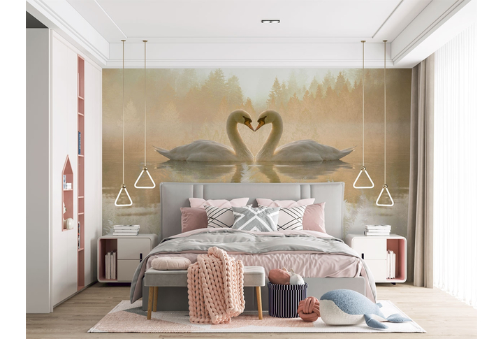 Фотообои «Лебеди на озере в лесу» в интерьере