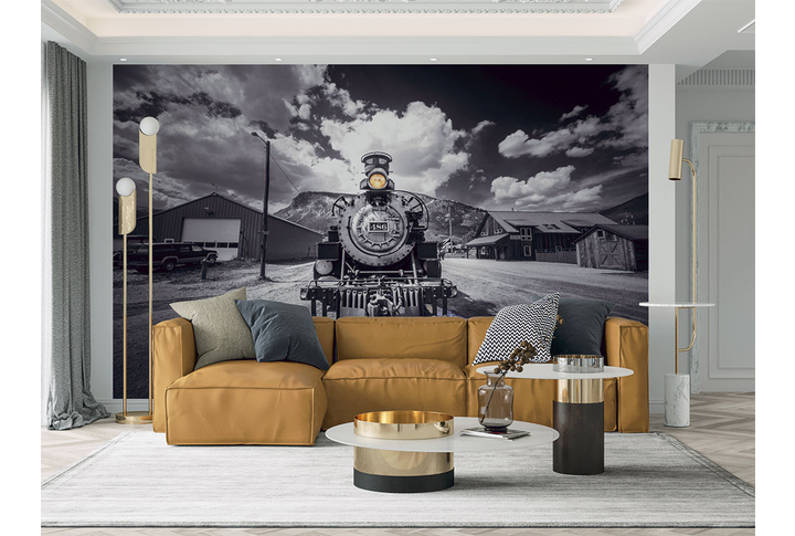 Фотообои «Старый поезд в черно-белом» в интерьере