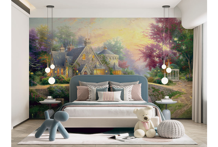 Фотообои «Сказочная усадьба у реки в волшебном лесу» в интерьере