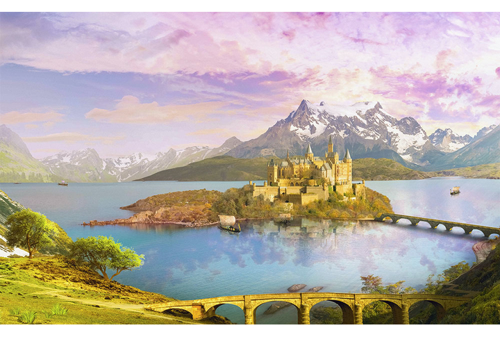 Фотообои «Замок на озере в горном ущелье»