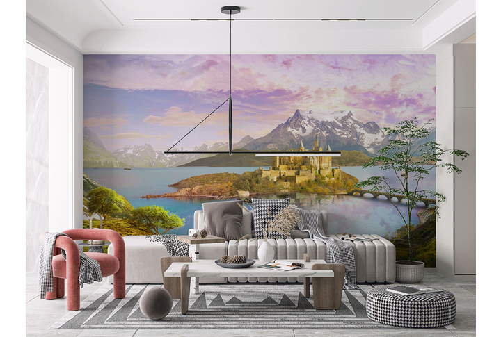 Фотообои «Замок на озере в горном ущелье» в интерьере