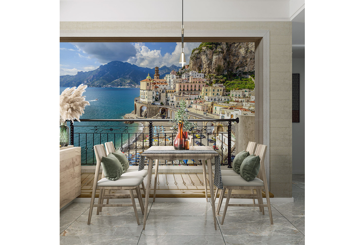 Фотообои «Балкон с окном на итальянский город у моря» в интерьере