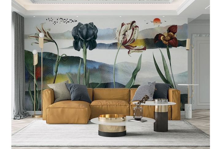 Фотообои «Винтажные цветы в стиле китайской живописи» в интерьере