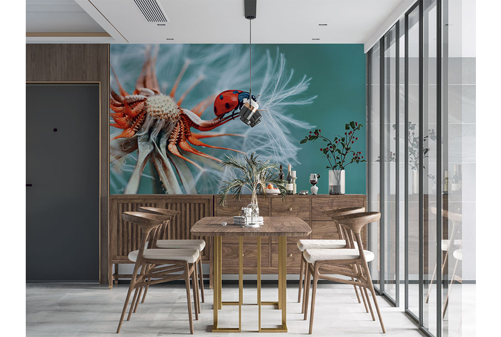 Фотообои «Белый одуванчик и божья коровка» в интерьере