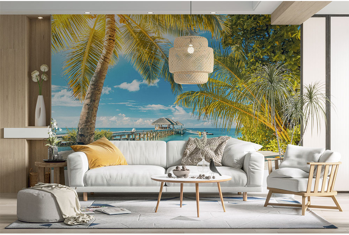 Фотообои «Тропический пляж с пальмами» в интерьере