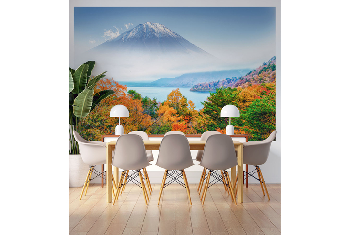 Фотообои «Гора в тумане и лес у озера» в интерьере