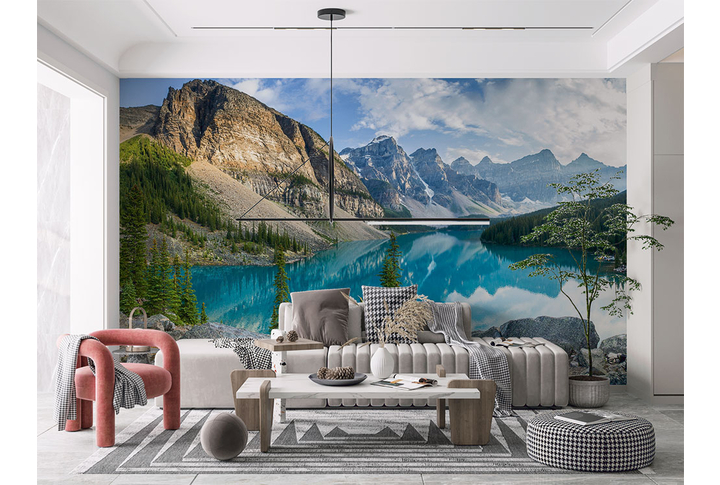 Фотообои «Пейзаж с озером в горах» в интерьере