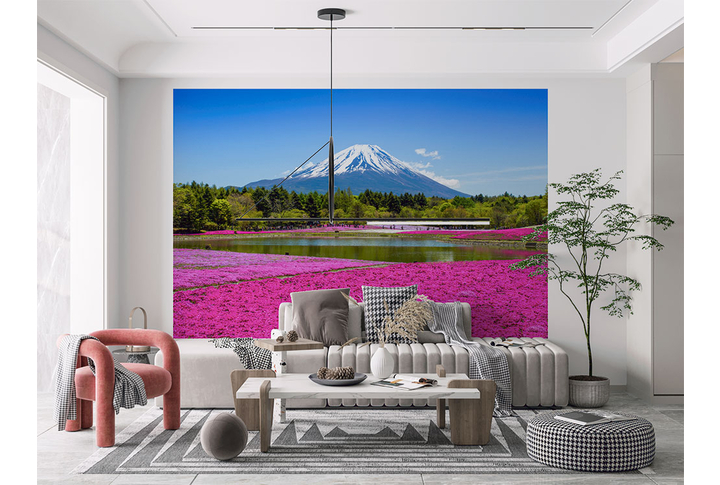 Фотообои «Гора в окружении цветущих полей» в интерьере