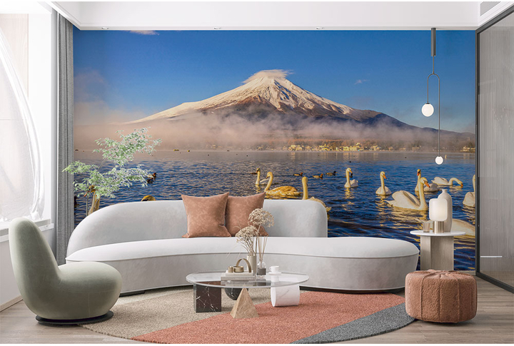 Фотообои «Озеро с лебедями у горы» в интерьере