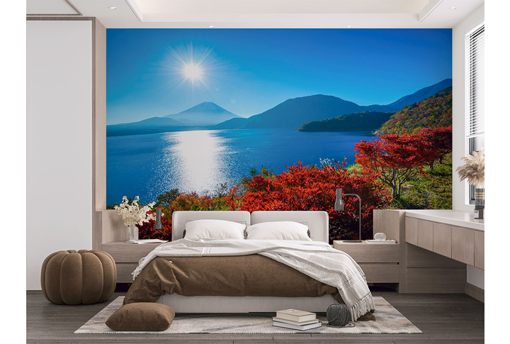 Фотообои «Солнечный пейзаж с горами и озером» в интерьере