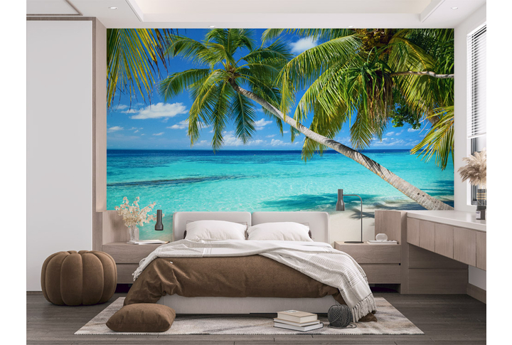 Фотообои «Пляж с пальмами на море» в интерьере