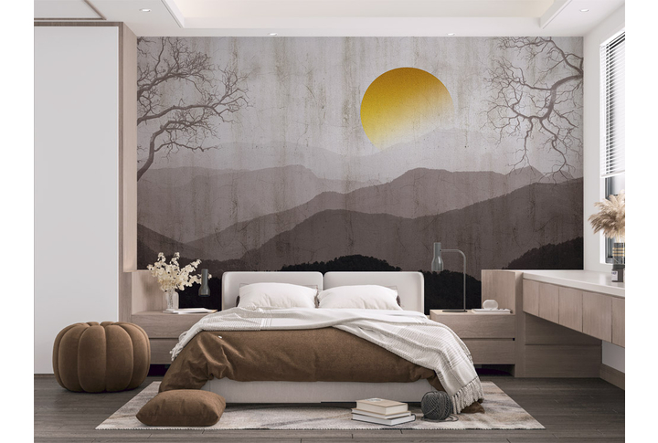 Фотообои «Абстракция с горами на бетоне в восточном стиле» в интерьере
