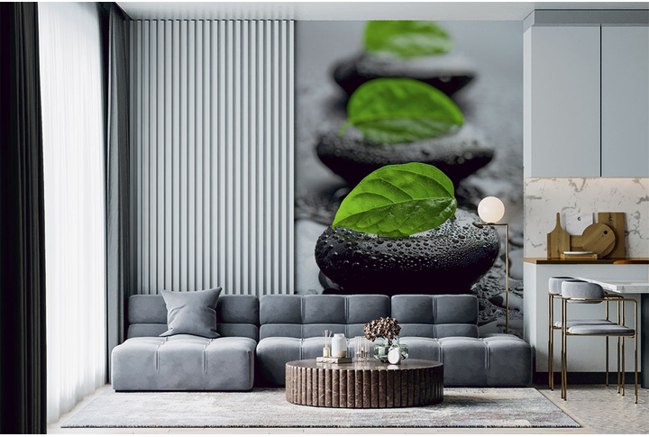 Фотообои «Листья на гладких камнях» в интерьере